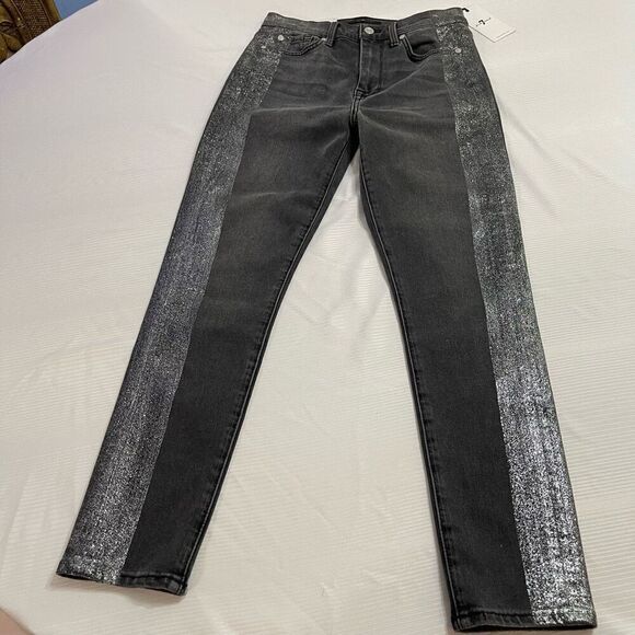 NWT 7 For All Mankind Skinny Jeans Cropped Metallic Glitter Sz 27 Black - Picture 1 of 11